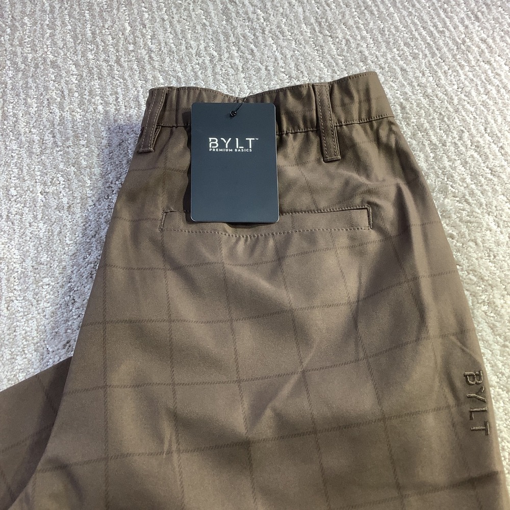 BYLT Premium Basics Mens Executive Pant Coffee Brown Grid Size 33 x 30 NWT